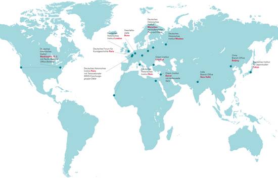 Weltkarte mit den Instituten der Max Weber Stiftung