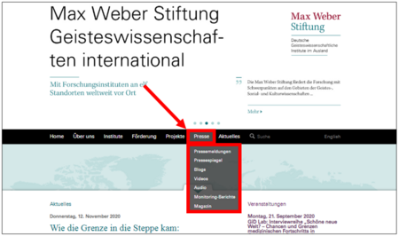 Der Bereich Presse auf der Internetseite