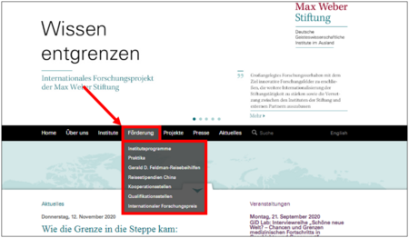 Der Bereich Förderung auf der Internetseite
